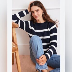 Zara Womens Sweater Fuzzy Blue Striped Knit Jumper Stretch Size Large Crew Neck